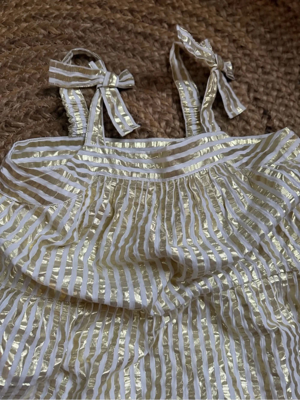 Girls' Crewcuts White & Gold Metallic Striped Sundress with Tie-Strap Shoulders